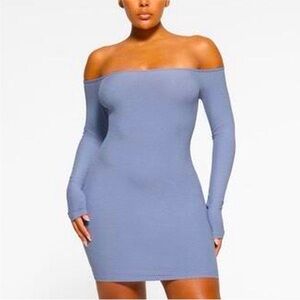 Skims Soft Lounge Off Shoulder Mini Dress in Slate Blue